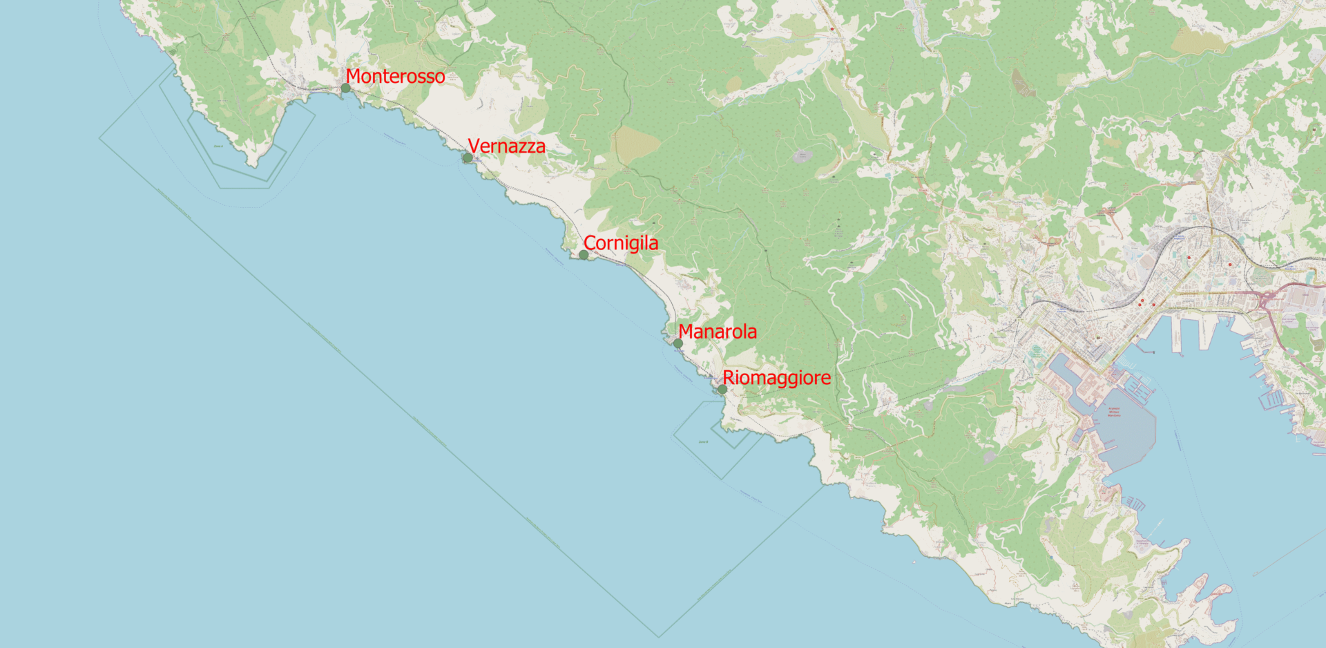 Green and blue map showcasing five Italian areas in red. These include 'Monterosso', 'Vernazza', 'Cornigilla', 'Manarola' and 'Riomaggiore'.
