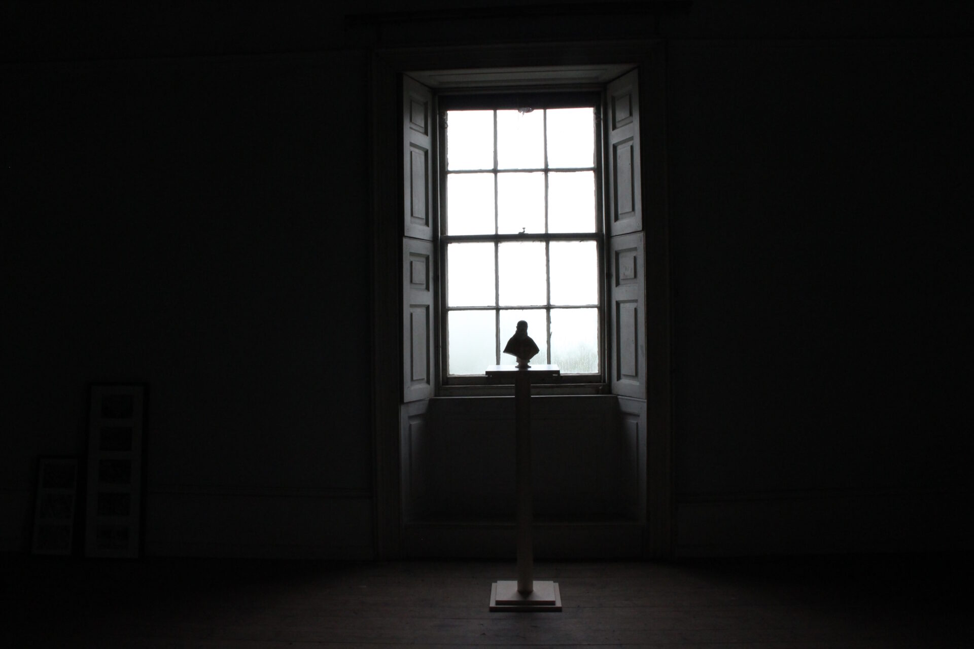 Bust on a pedestal against a window with natural light in a darkened room.