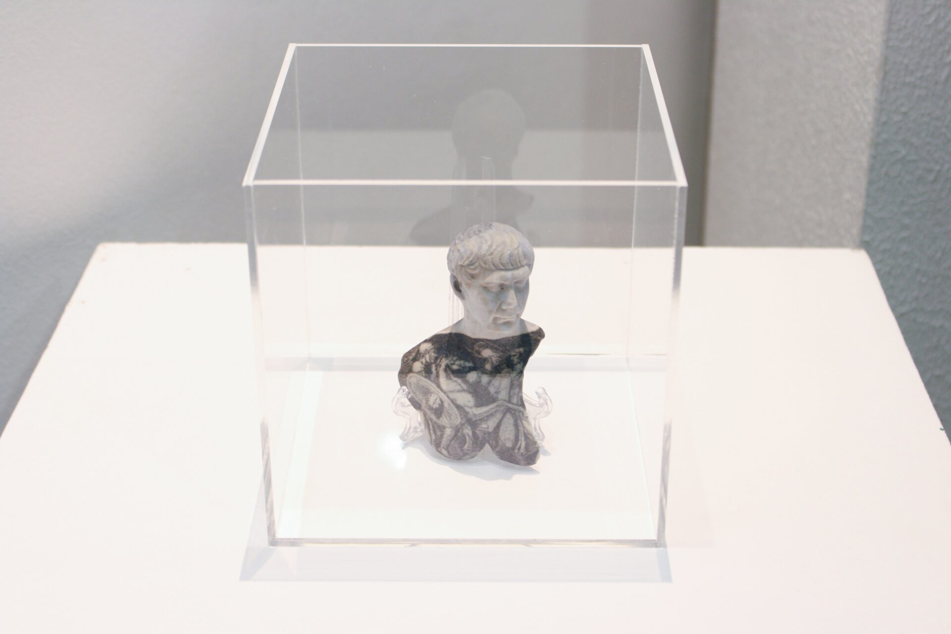 Grayscale 3D print of Trajan with a fighting scene placed inside a clear Perspex box on top of a white plinth.