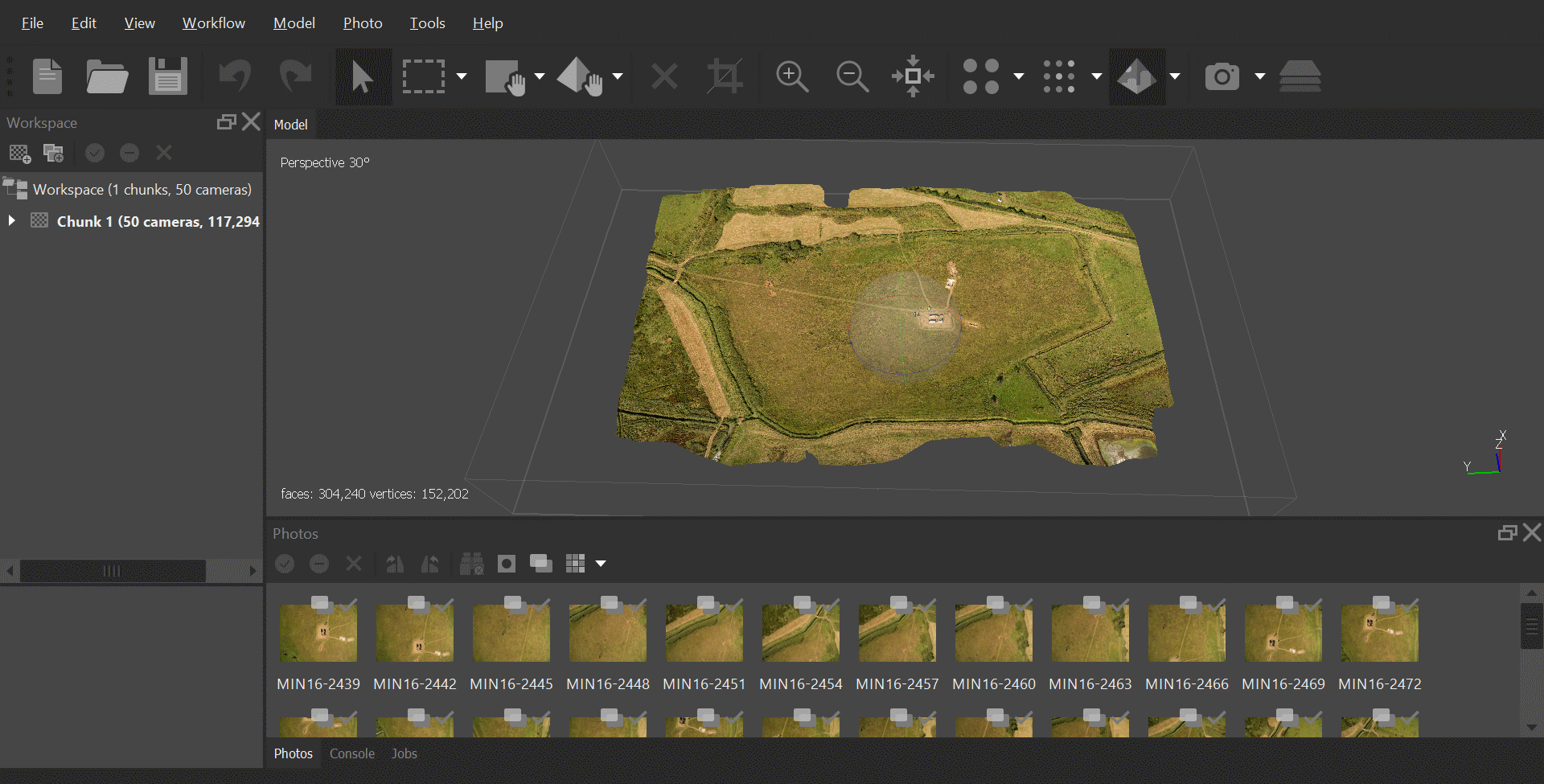 Agisoft Metashape Standard software with multiple green aerial landscape images