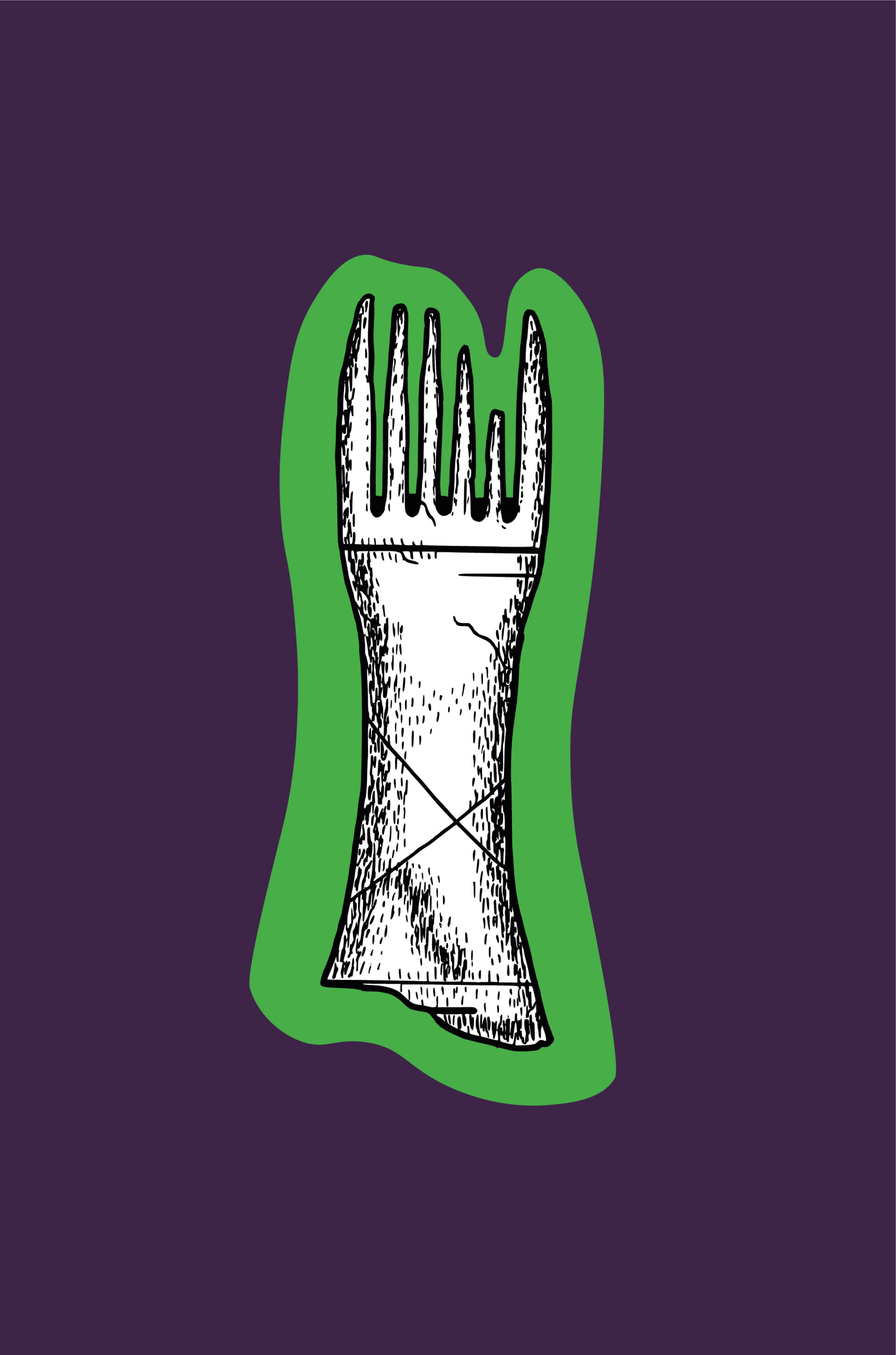 Black fineliner pen stipple drawing of a weaving comb with a green outline and a purple background.